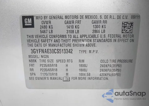 2012 Cadillac Srx Luxury Collection z USA, uszkodzony, nr VIN 3GYFNAE30CS513342